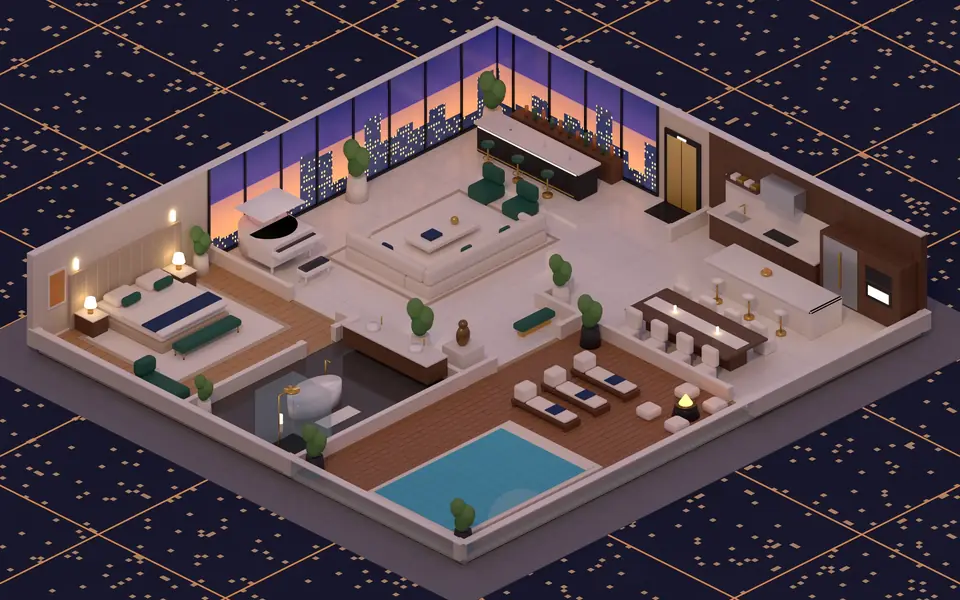 The penthouse: glass walls, a grand piano, a bar and an infinity pool.